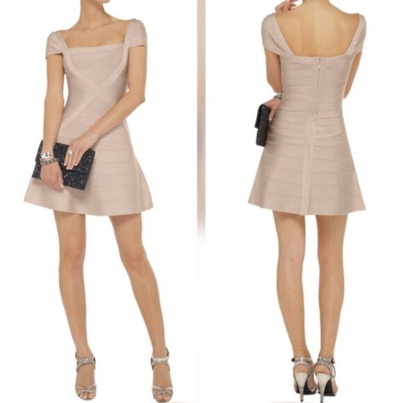 NWT Herve Leger Makayla Dress Rare Beige Nude Bandage XS NEW Mini - Picture 1 of 9